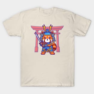 Cute Samurai Red Panda Cartoon T-Shirt